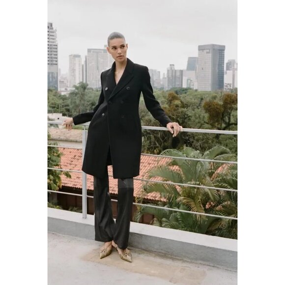 Zara Womens Coat Jacket M Medium Black Wool Blend Double-Breasted 2443/826 NWT - Picture 1 of 16